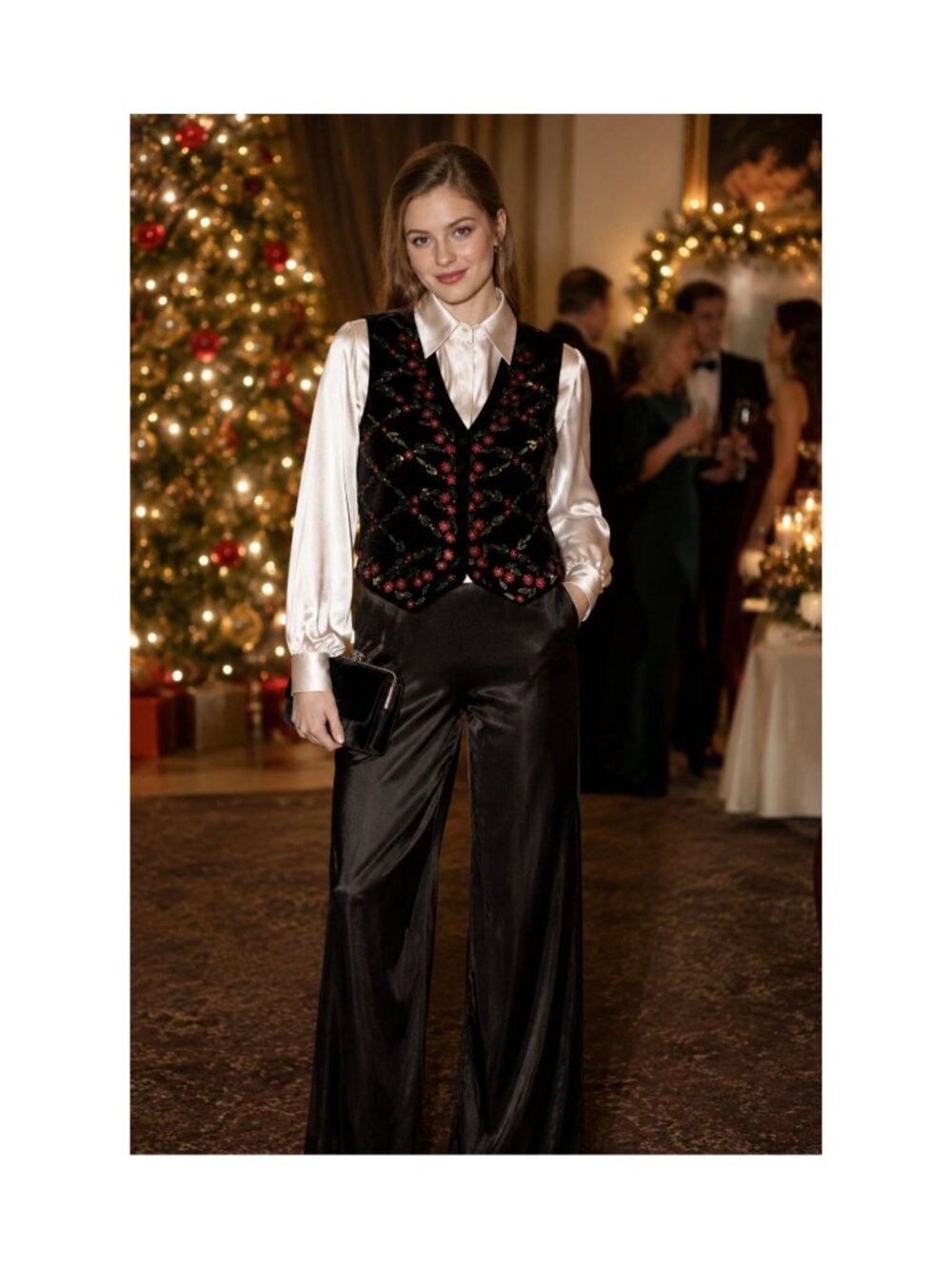 Vintage Chrysantheme L Black Velvet Vest Poinsettia Embroidery Adjustable Preppy - Picture 15 of 15